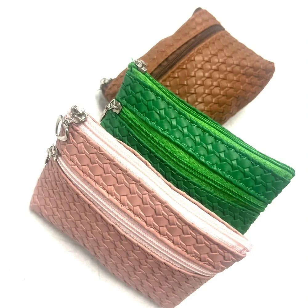 Victoria Leland Design Woven Leather Pouch Set - Pink, Green, Brown